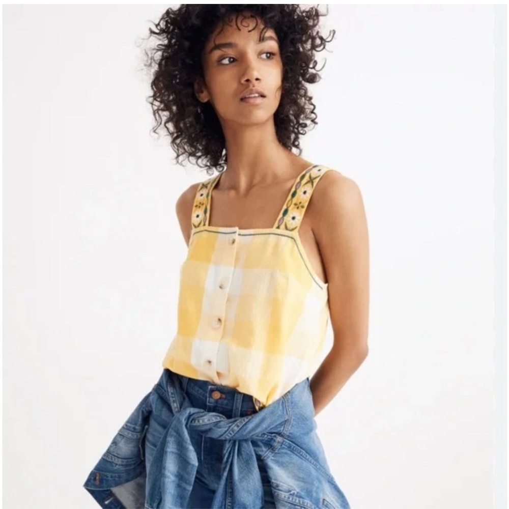 Madewell Embroidered Check Cami Button Front Woven Tank Top